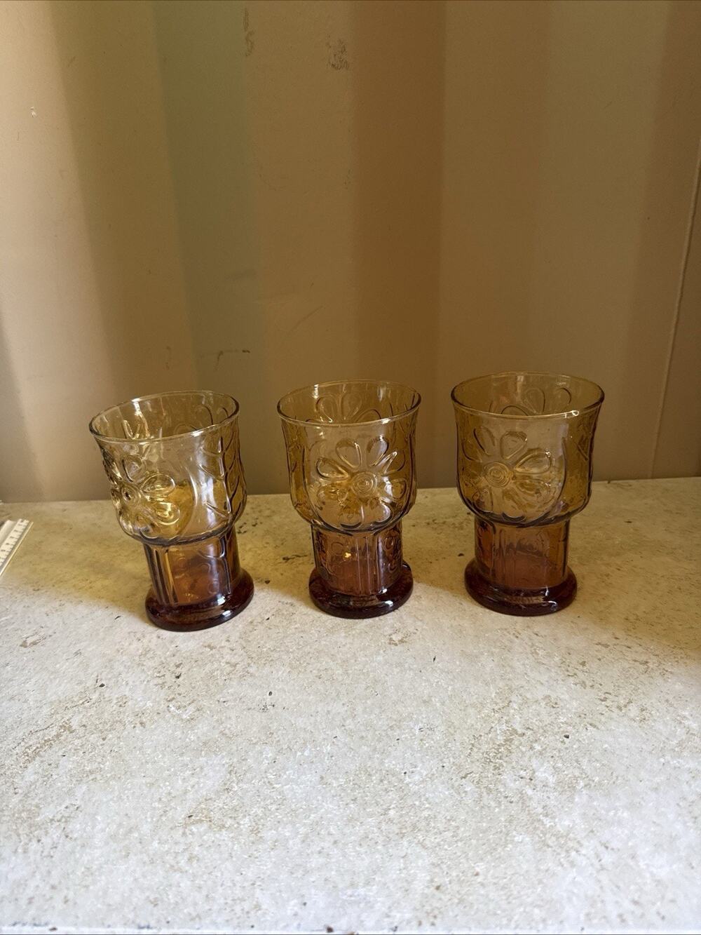 Vintage Libbey Amber Country Garden Daisy Glasses Tumblers Set Of 3 5” Tall